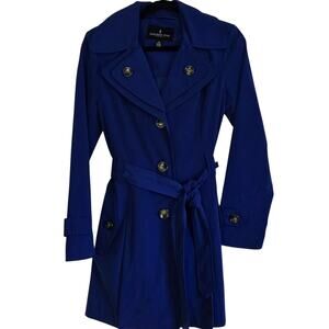 London Fog Royal Blue Double‑Collar Belted Trench Coat Tortoise Buttons Size XS